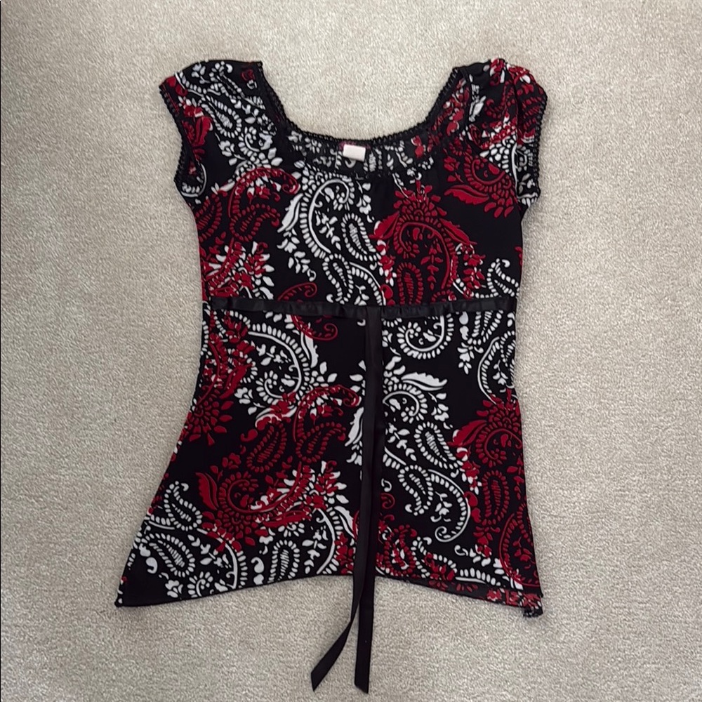 Agenda Red and Black Tie Front Fitted Blouse